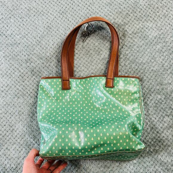 VINTAGE FOSSIL KEY PER JADE GREEN COATED CANVAS LEATHER TOTE BAG & WALLET - Picture 4 of 6